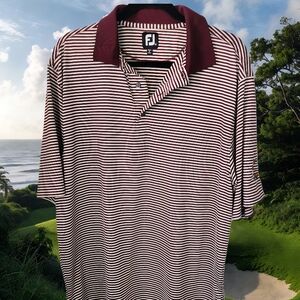 Footjoy Men's Large Striped Polo Shirt Maroon & White Fox Hopyard Golf Club Logo